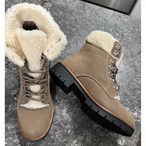 Mia Women's Regis Sherpa Trim‎ Lug Sole Lace Up Combat Boots Taupe Sz 10